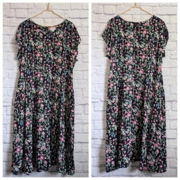 Lanz of Salzburg Floral Elegance Dress XL Black Pink Cottagecore Knee Length - Picture 2 of 8